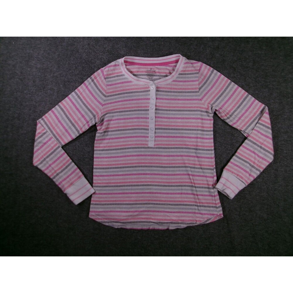 Cuddl Duds Top Womens XS Pink Gray Stripe Long Sleeve Thermal Henley Button